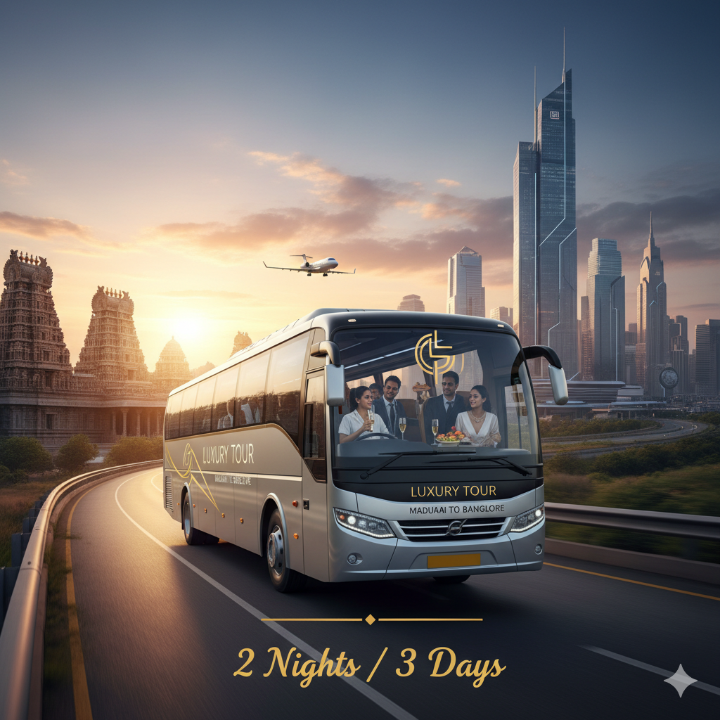 Luxury 2 Nights / 3 Days Grand Tour: Theni – Thekkady – Munnar – BangaloreVehicle: AC 53 Seater Luxury Coach (2+2 Configuration)