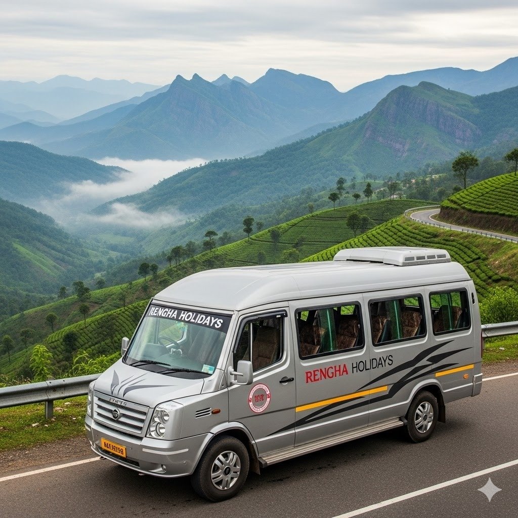 5 Days / 4 Nights Luxury 12+1 Tempo Traveller Tour  Theni → Megamalai → Thekkady → Munnar → Vagamon → Theni