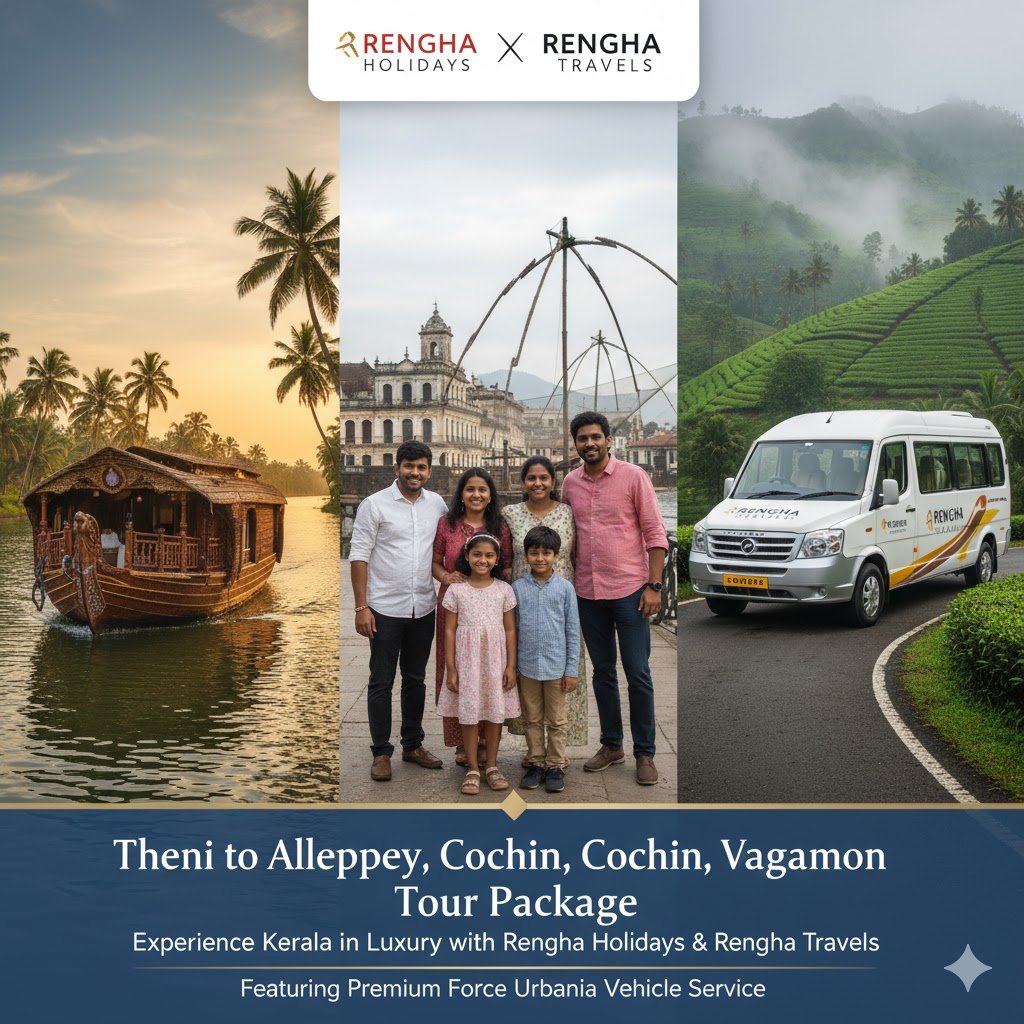 Escape to Kerala's Serene Backwaters & Misty Hills Theni to Alleppey, Cochin, Vagamon Tour with Rengha Holidays